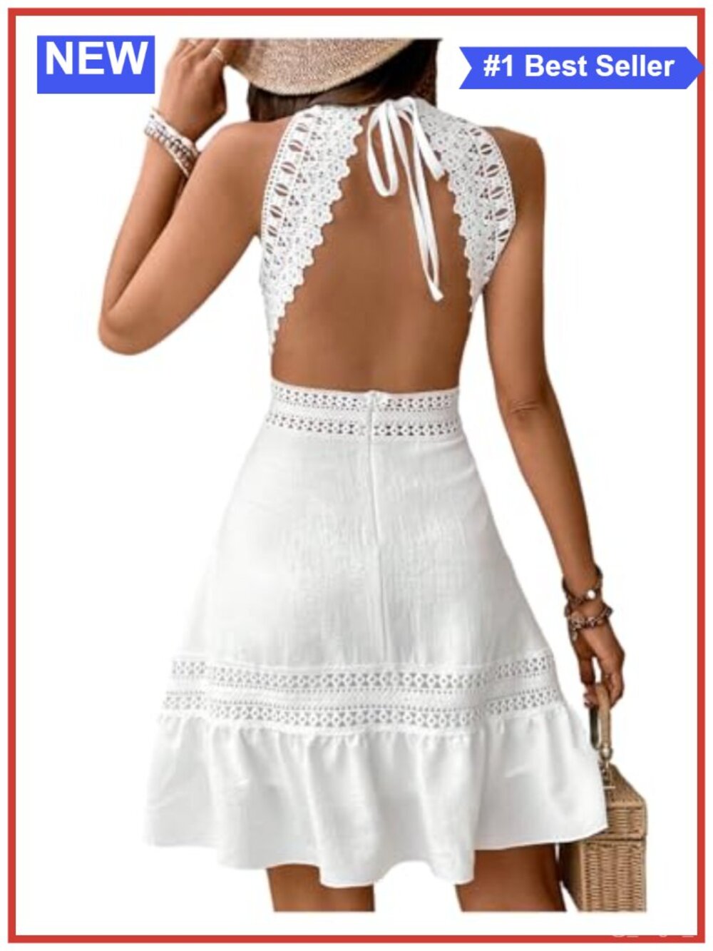 Floerns Women's Contrast Lace Sleeveless Halter Dress Backless Vacation